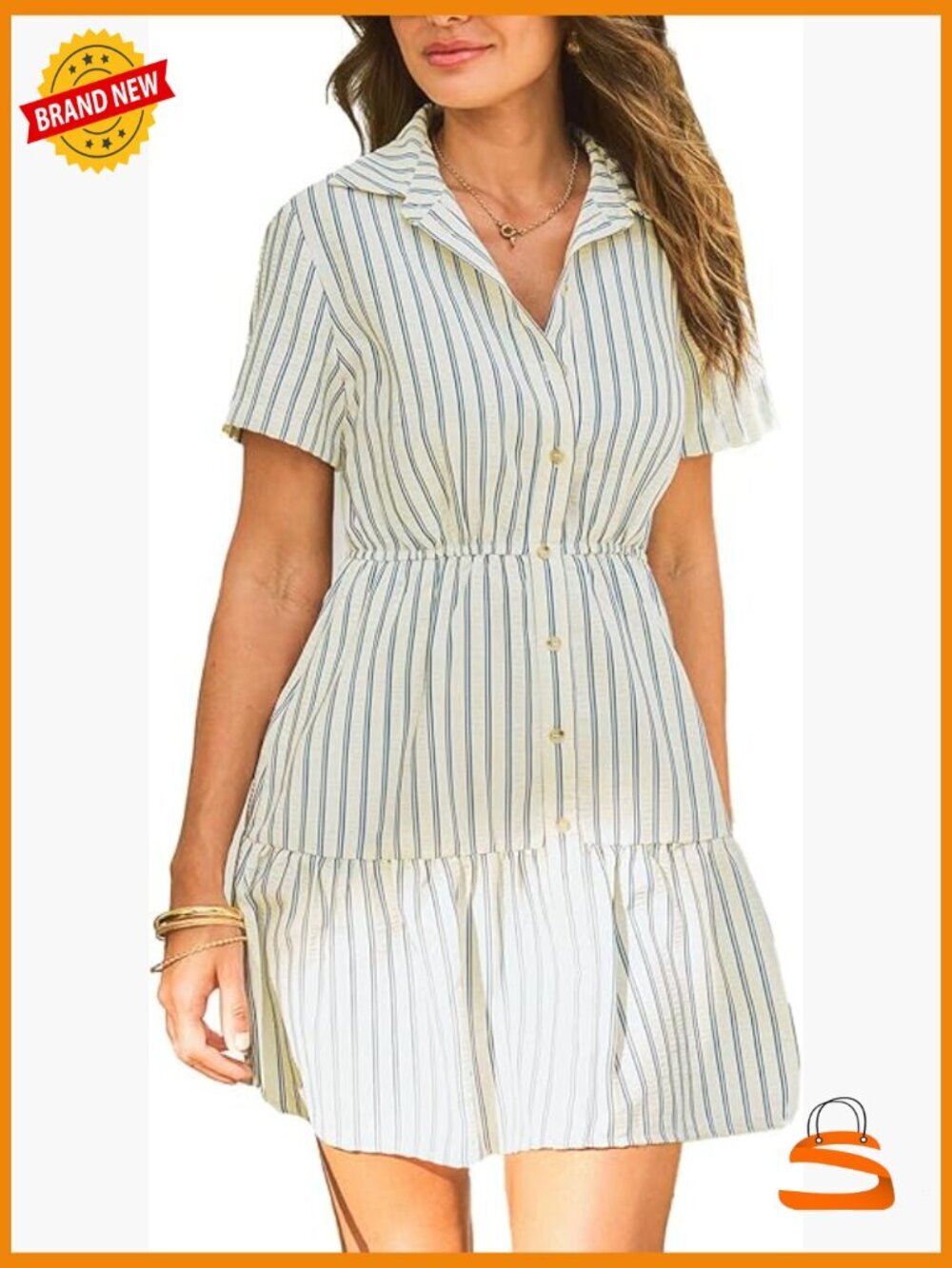 Striped Collared Neck Shirt Dress Smocked Waist Mini Swing